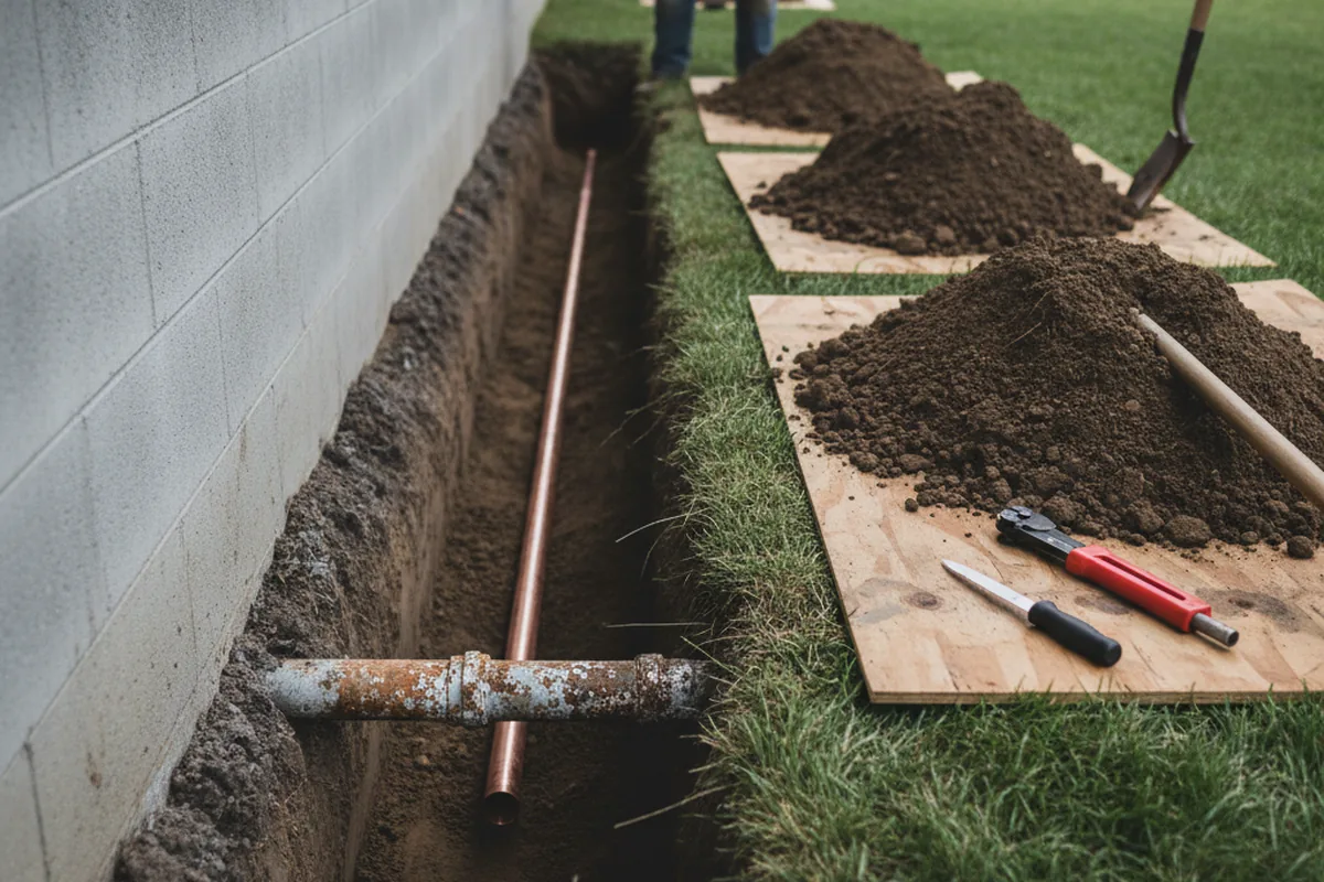 Excavated water line trench during Water Softener Installation in Maize